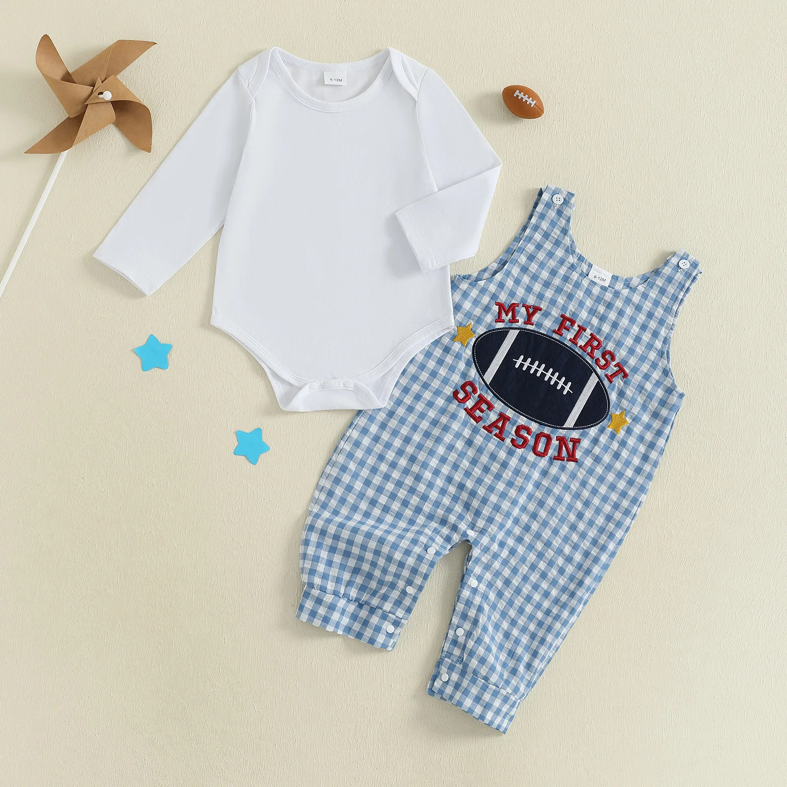 SUNSIOM Conjunto de fútbol para bebé, mameluco liso de manga larga, pantalones generales a cuadros bordados de rugby, conjunto de otoño de 2 piezas - imagen 2