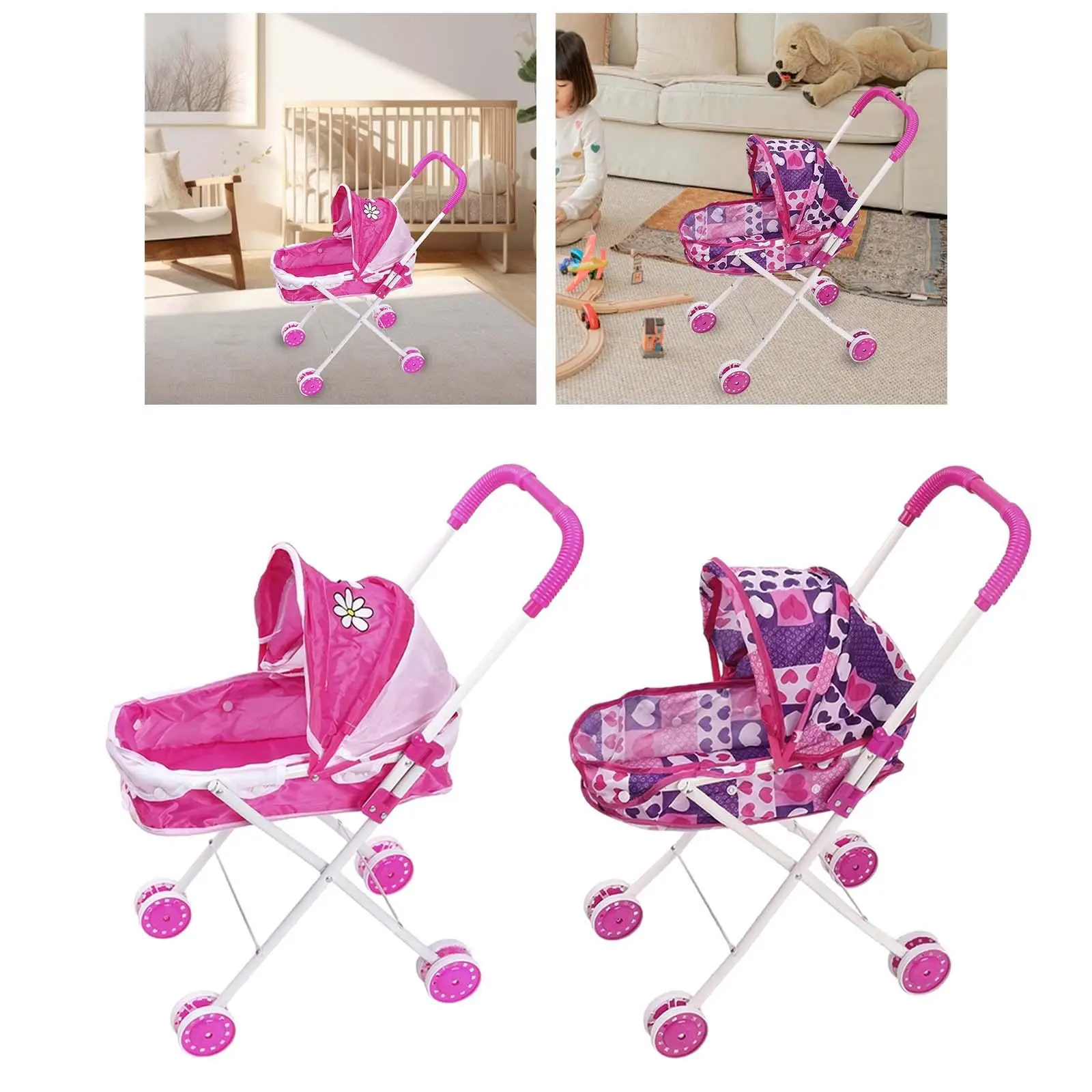 Doll Stroller Pretend Play Doll Carrier Role Playing Girls Gift Valentines Day Gifts for Kids Mini Pram Simulation Pushchair Toy