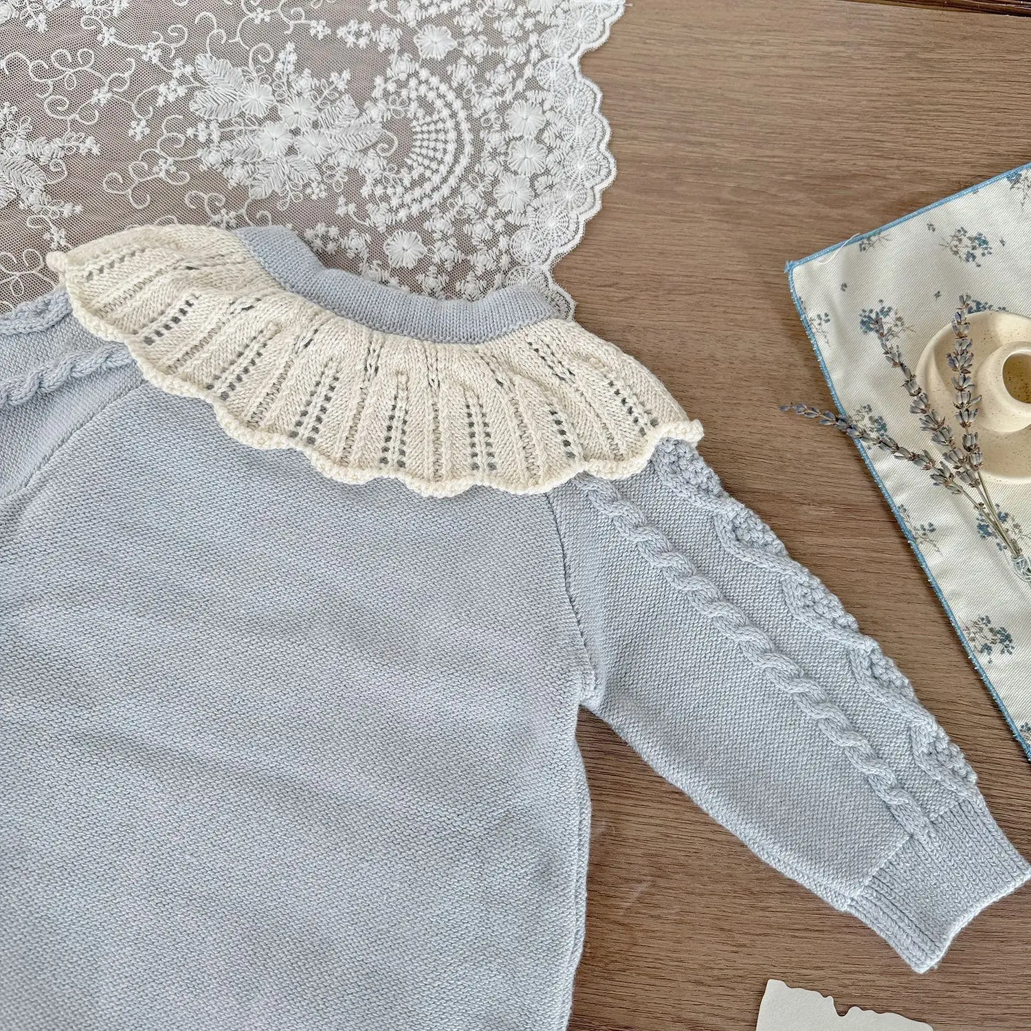 Body para niñas de 0 a 2 años, cuello con volantes, tejido de una pieza hecho a mano con flores, prendas de punto para niñas, suéteres para bebés - imagen 3