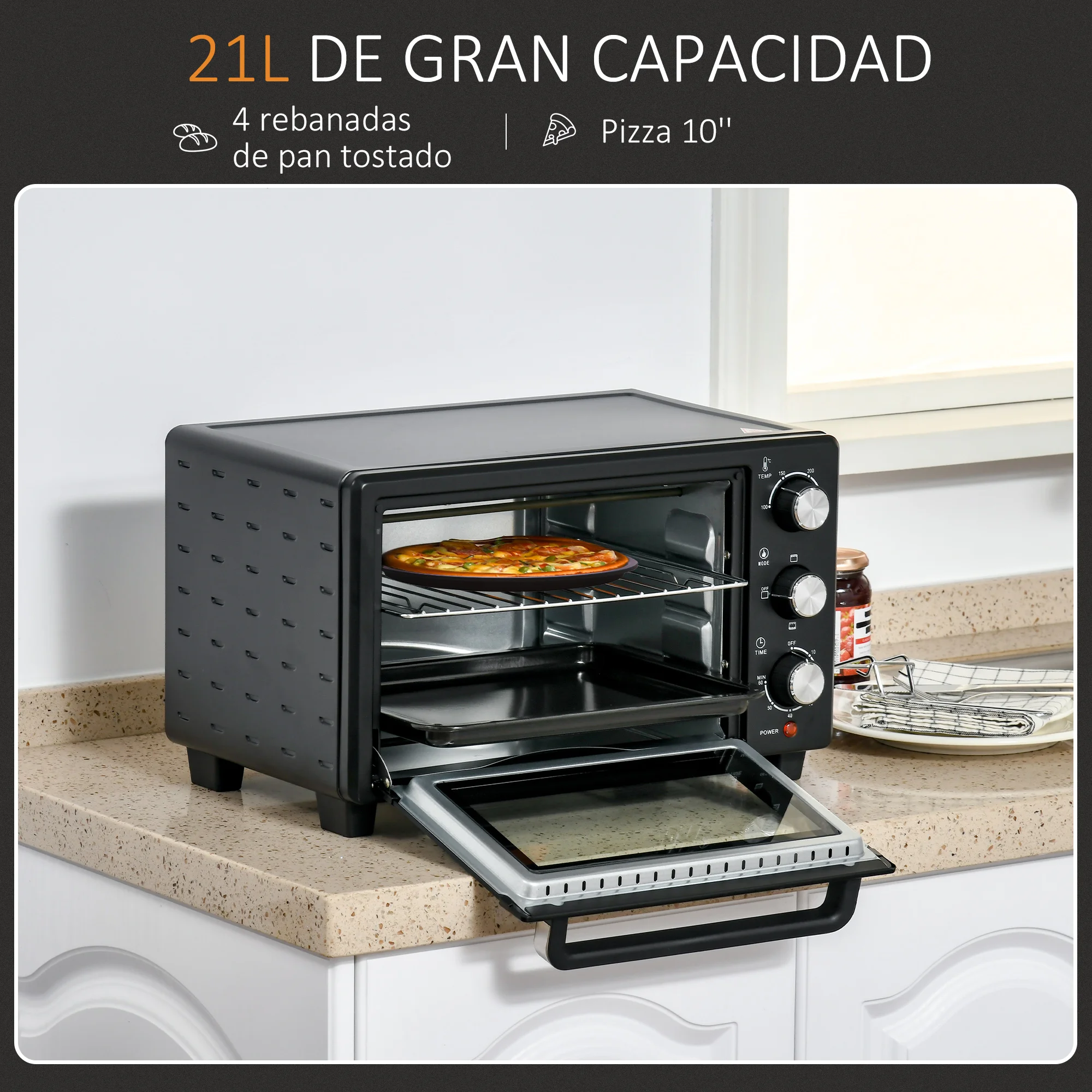 HOMCOM Horno Eléctrico de Sobremesa Horno Sobremesa de 21L 1400W Mini Horno Eléctrico con Temporizador hasta 60min y Temperatura Regulable hasta 230℃ - imagen 4