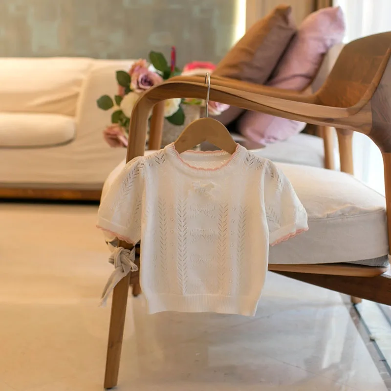 MILANCEL nuevo verano niños tejidos de manga corta 1-5T lindo franjas de diferente Color arco niñas ahueca hacia fuera la camiseta niños dulce prendas de vestir Tops - imagen 4