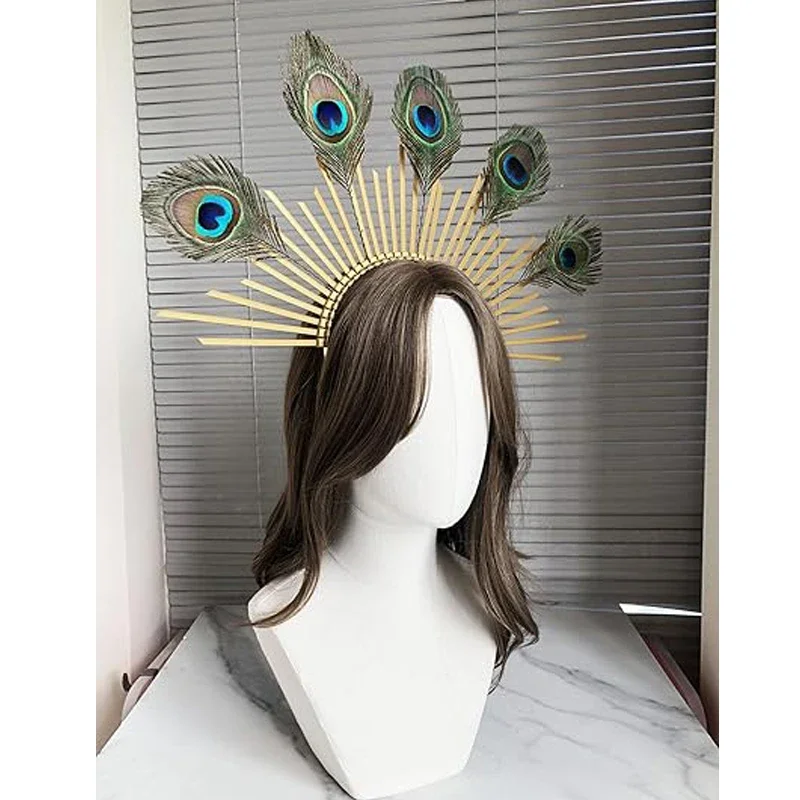Diadema dorada con plumas de pavo real infantil elegante para niña - imagen 3