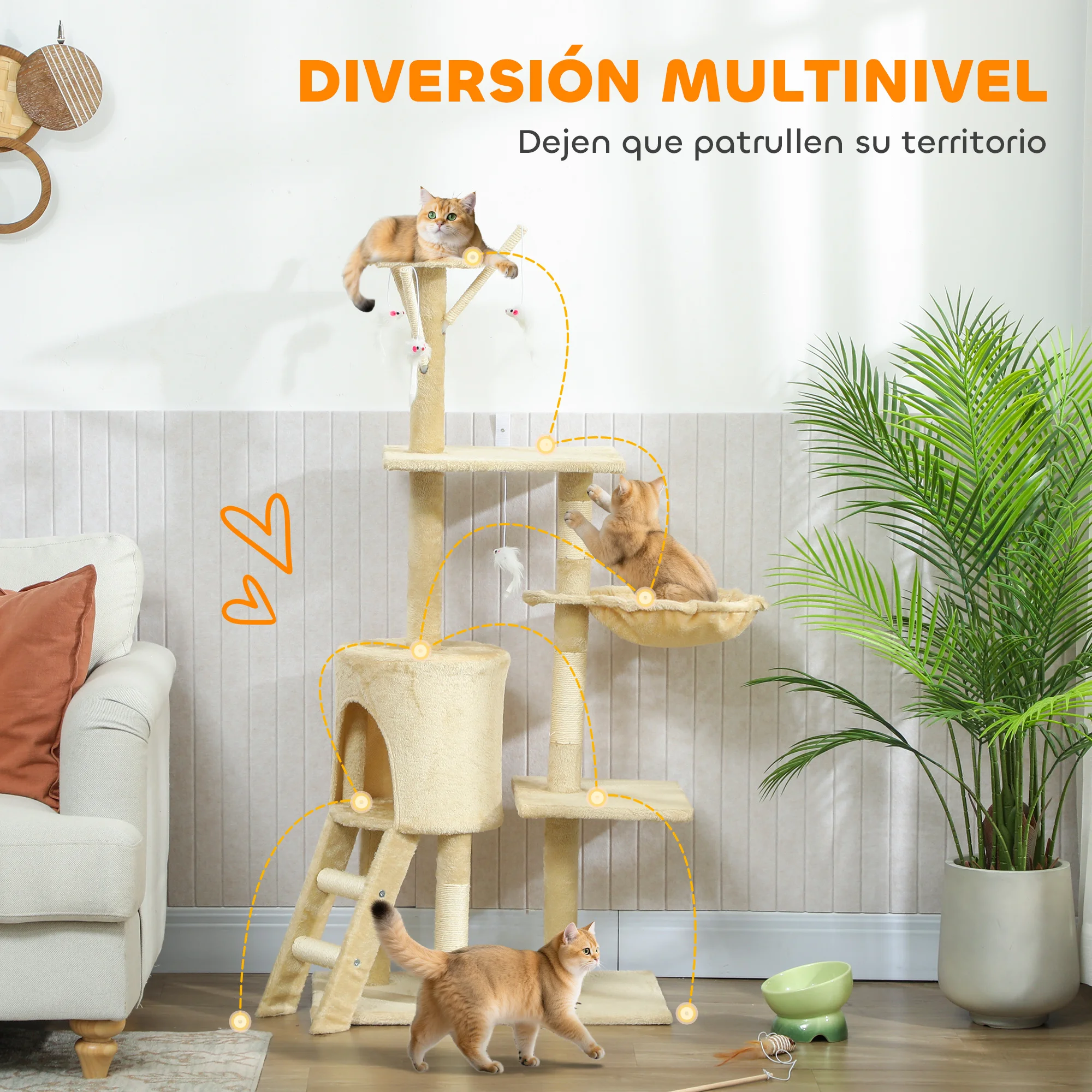 PawHut Árbol Rascador para Gatos Grande, Árbol para Gatos, Altura 134 cm, Torre de Escalada con 6 Postes de Sisal, 3 Plataformas, 1 Cueva, 1 Hamaca, 1 Escalera, 4 Juguetes Colgantes - imagen 5