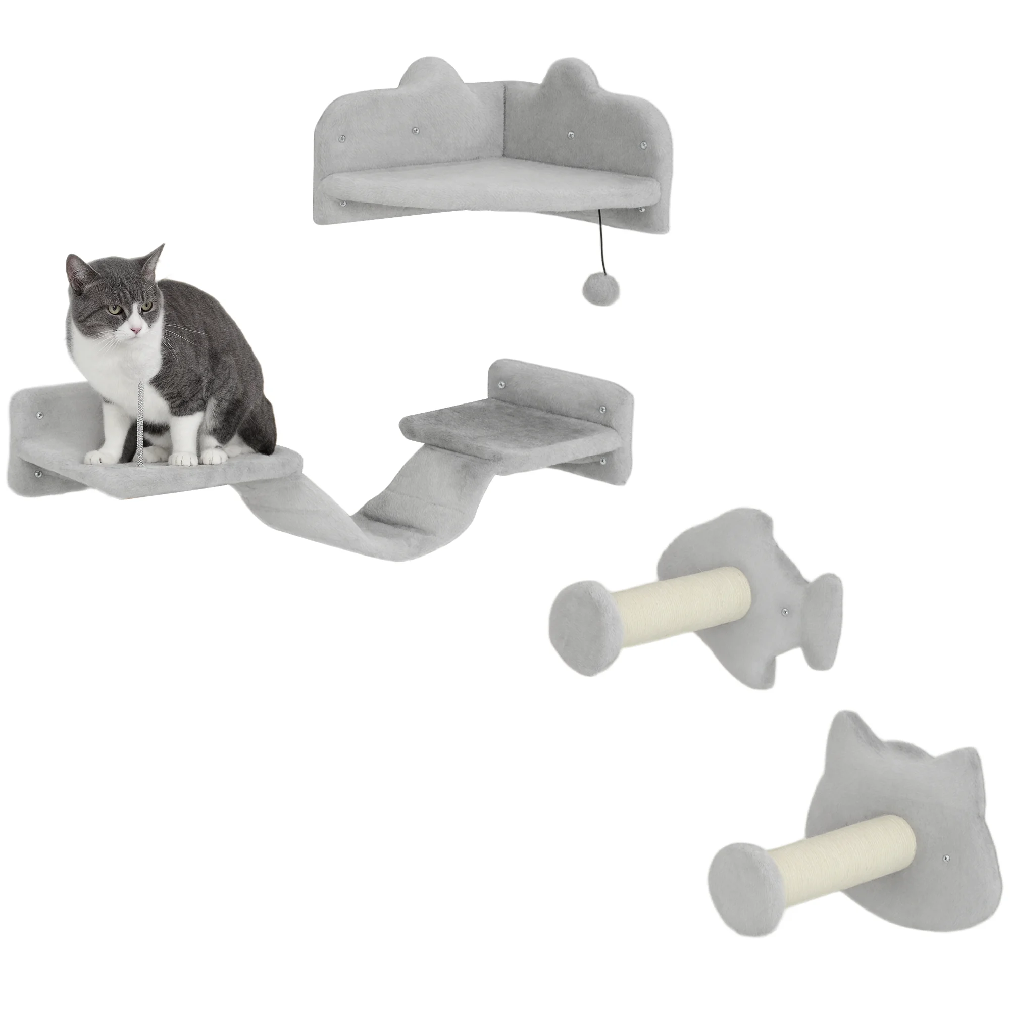 PawHut Juego de Estanterías para Gatos de 4 Piezas Rascador de Pared para Gatos con 2 Postes de Sisal Plataforma Doble con Escalera Suave y 1 Plataforma para Saltar Gris Claro