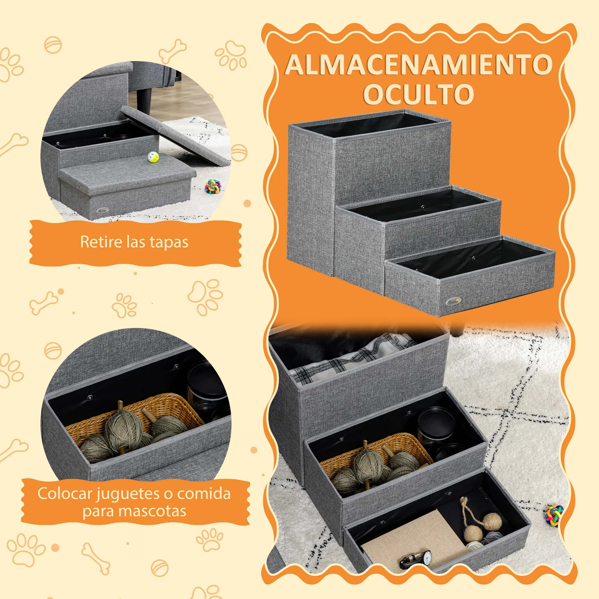 PawHut Escalera para Mascotas de 3 Peldaños Escalones para Perros Gatos con Tapas Abribles y Espacio de Almacenamiento 63,5x42,5x40,5 cm Gris - imagen 3