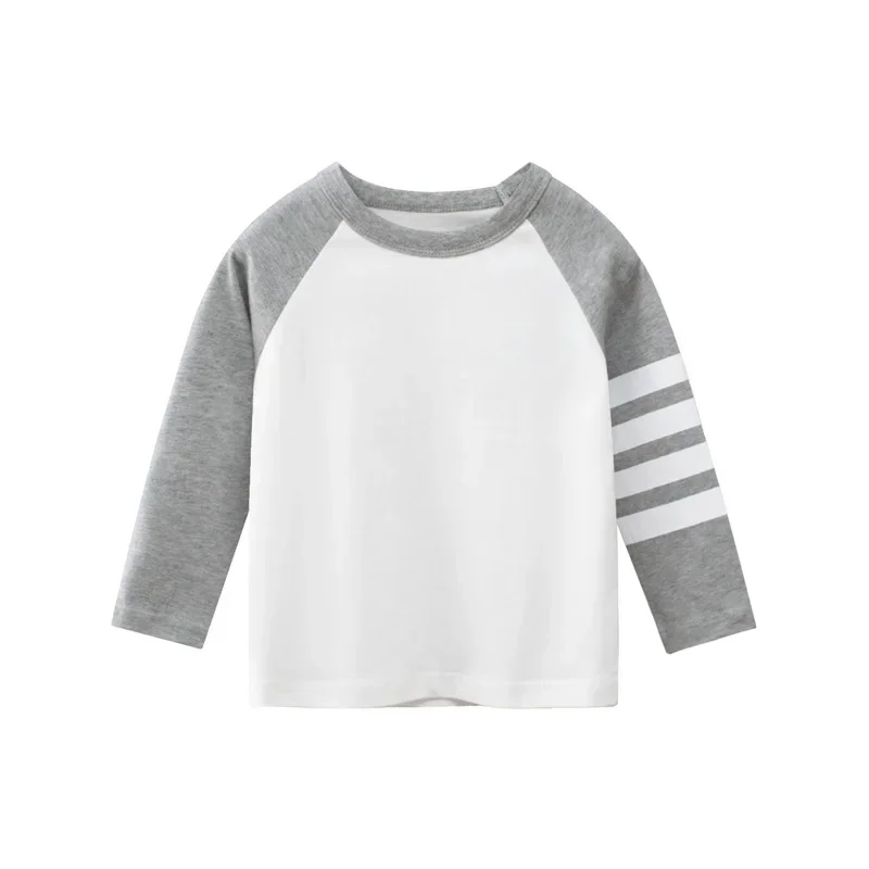 Camiseta de manga larga a rayas de algodón para bebé cuello redondo