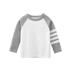 Camiseta de manga larga a rayas de algodón para bebé cuello redondo