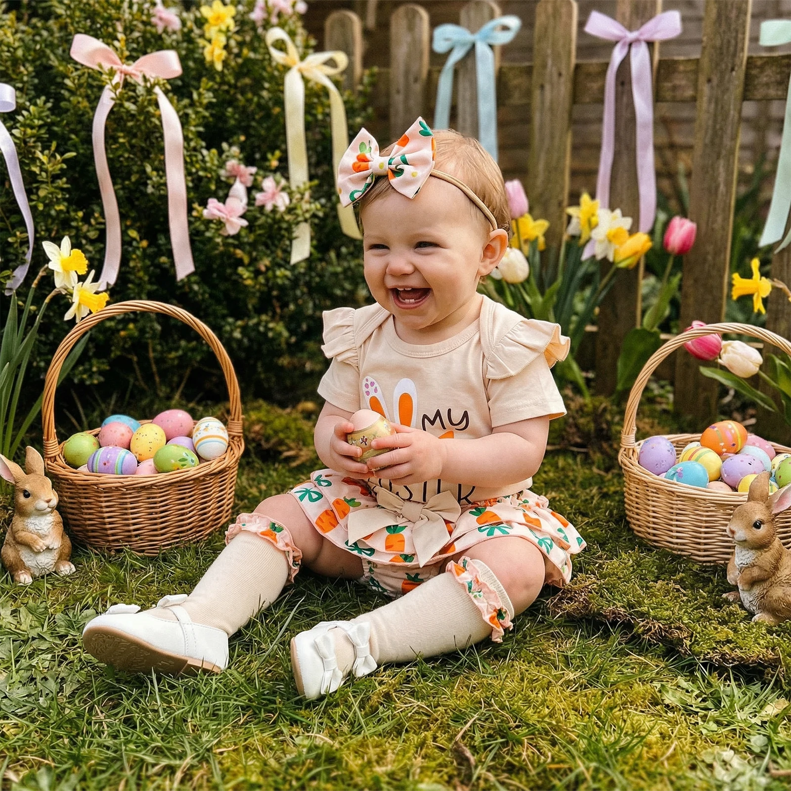 Traje de Pascua para niña: mono con letras y shorts de conejito - imagen 5