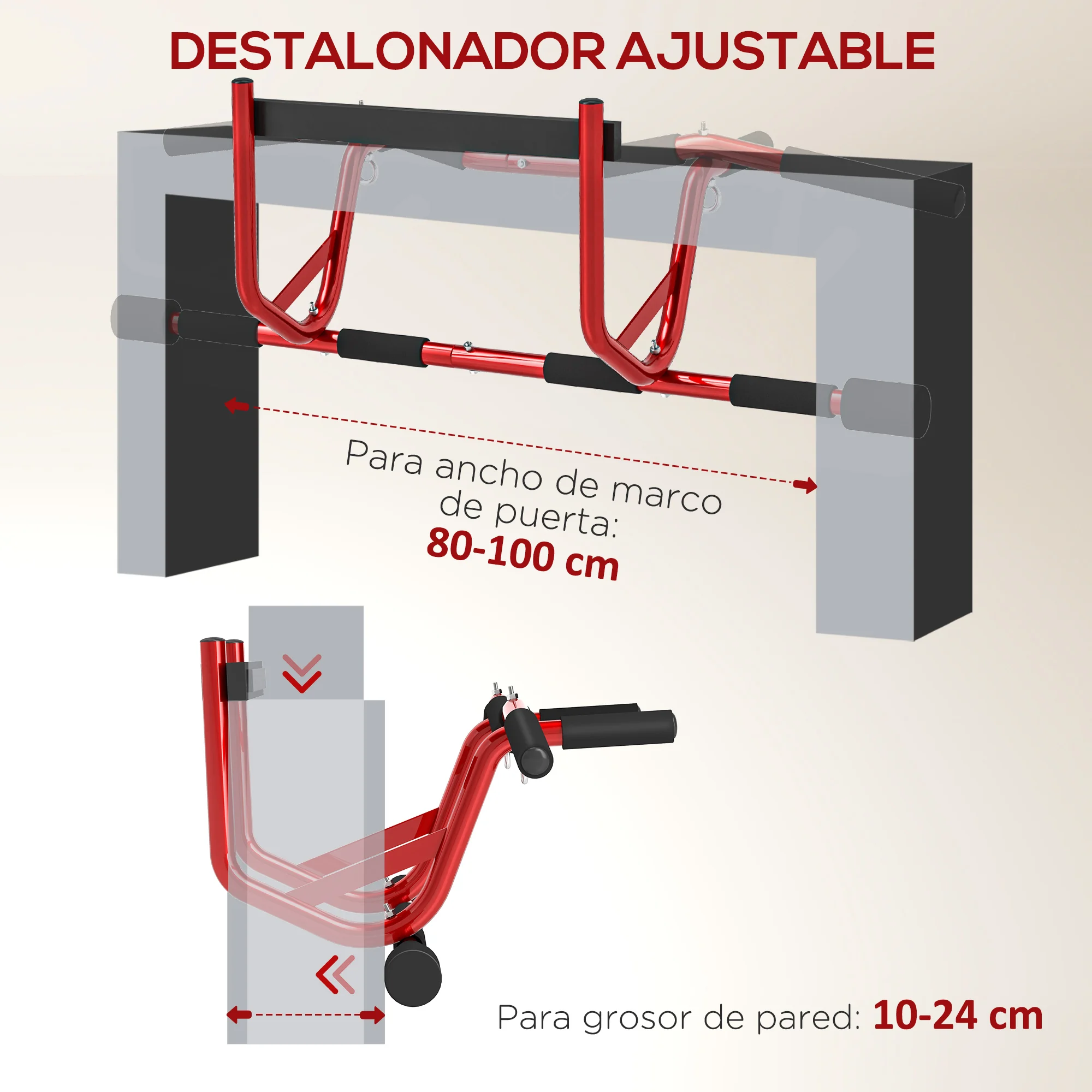 SPORTNOW Barra de Dominadas Multifuncional Barra de Dominadas de Pared Carga 150 kg para Ejercicio y Entrenamiento en Casa Gimnasio Rojo y Negro - imagen 5