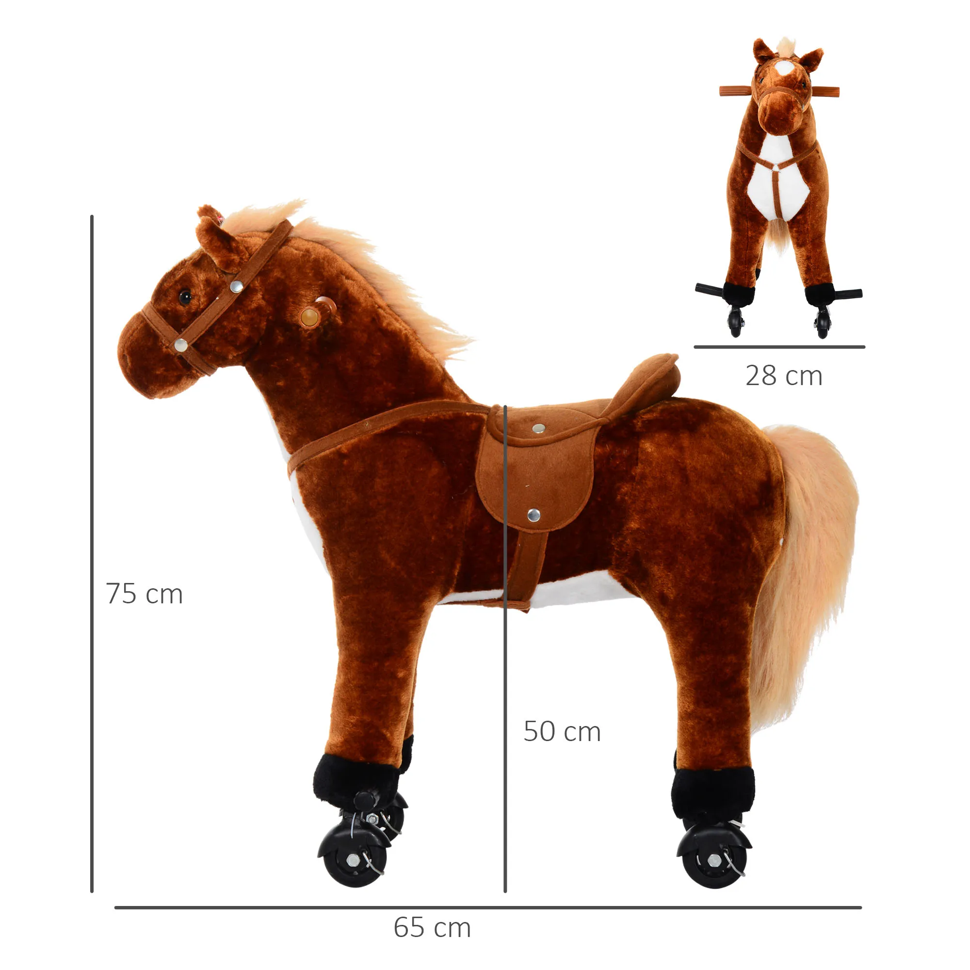 HOMCOM Caballo de Juguete para Niños de +3 Años Caballo de Juguete con Ruedas Sonidos y Estructura de Metal Carga 60kg 65x28x75 cm Marrón - imagen 3