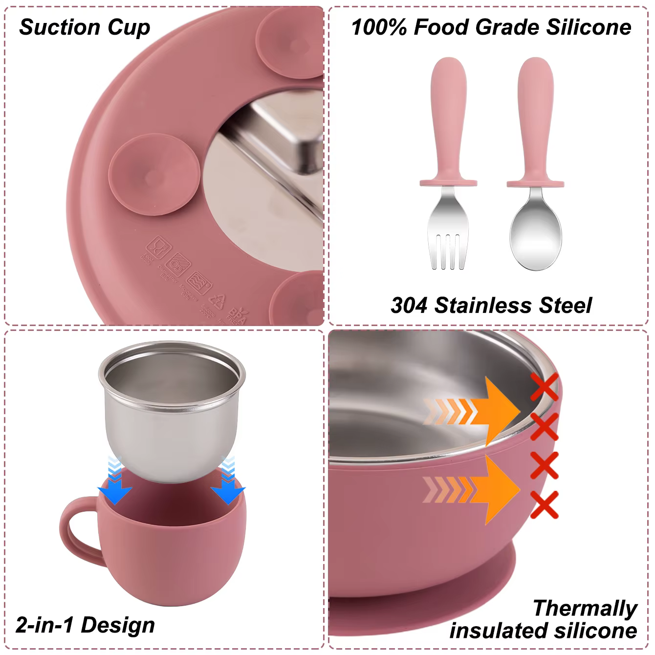 Set de vajilla infantil con ventosa silicona y acero para comer - imagen 4