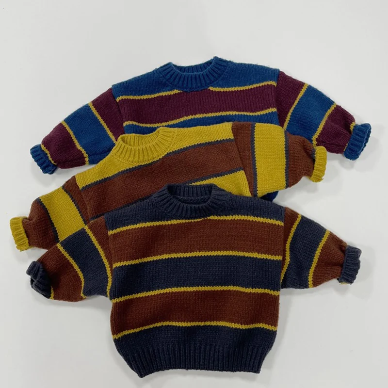 Suéter de punto para bebés, ropa para niños y niñas, prendas de punto a rayas sueltas, Tops de manga larga de algodón para bebés, otoño - imagen 2