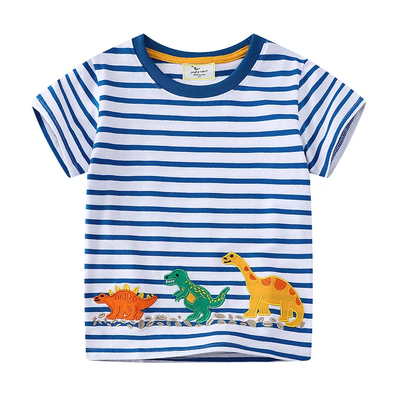 Camiseta de algodón para bebés de 2 a 7 años, camisetas de manga corta a rayas azules, camisetas de dinosaurios de dibujos animados para niños pequeños, ropa para niños