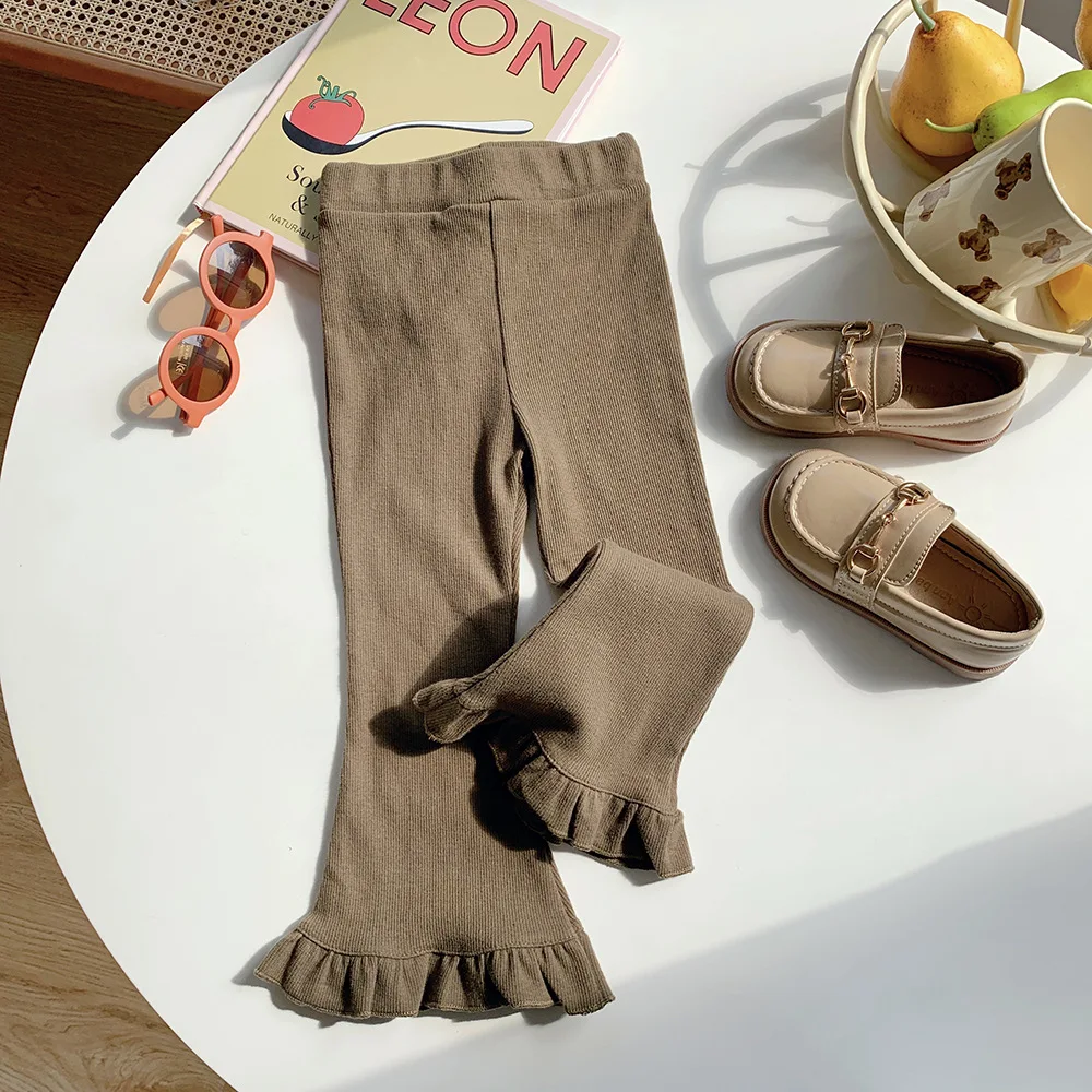 Pantalones acampanados ajustados elásticos a rayas Vintage para niñas, pantalones con volantes en blanco de cintura alta, ropa para niñas de verano - imagen 3