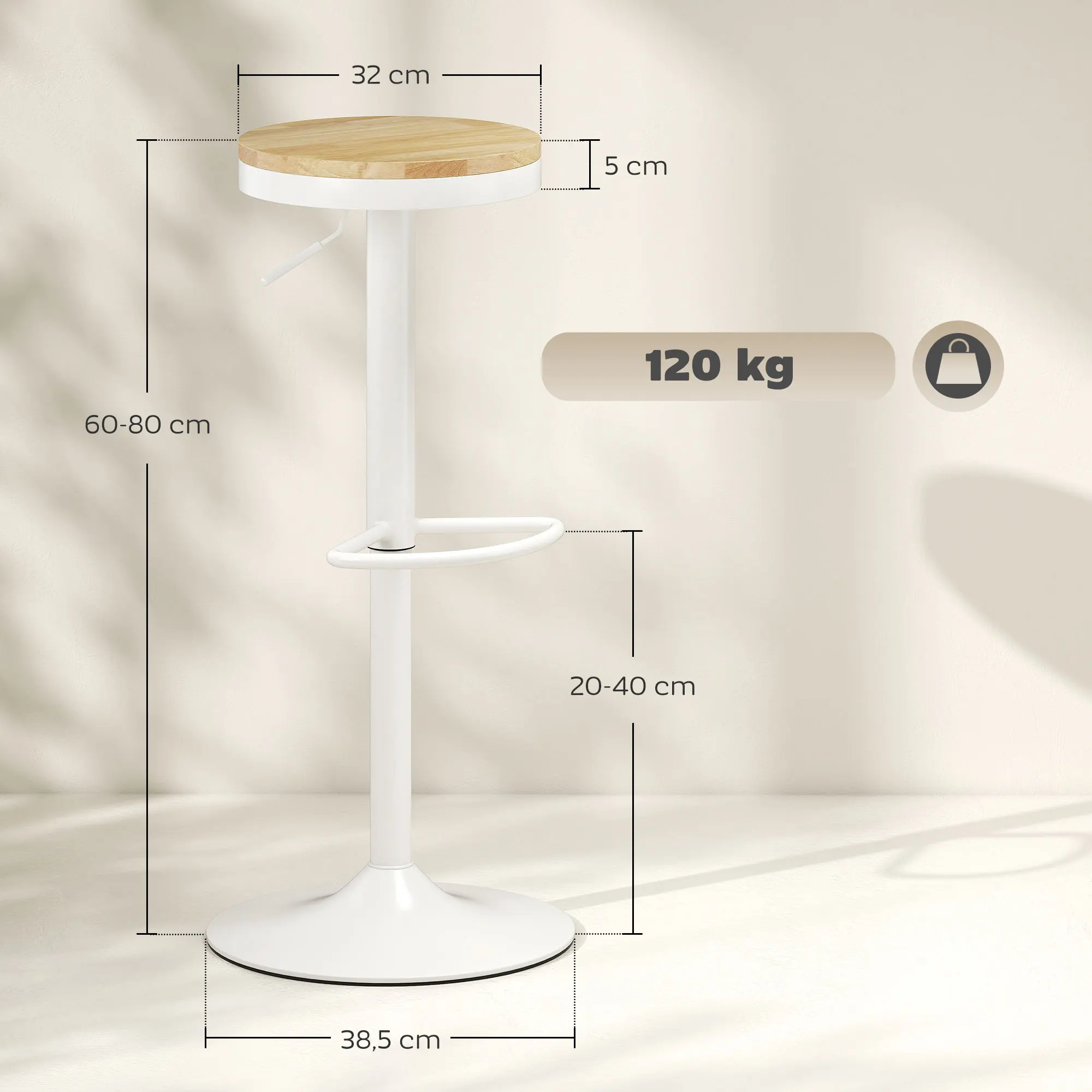 HOMCOM Juego de 2 Taburetes de Bar Giratorios Taburetes Altos de Cocina con Altura Ajustable 60-80 cm Asiento de Madera Marco de Acero y Reposapiés para Comedor Mostrador Natural y Blanco - imagen 3