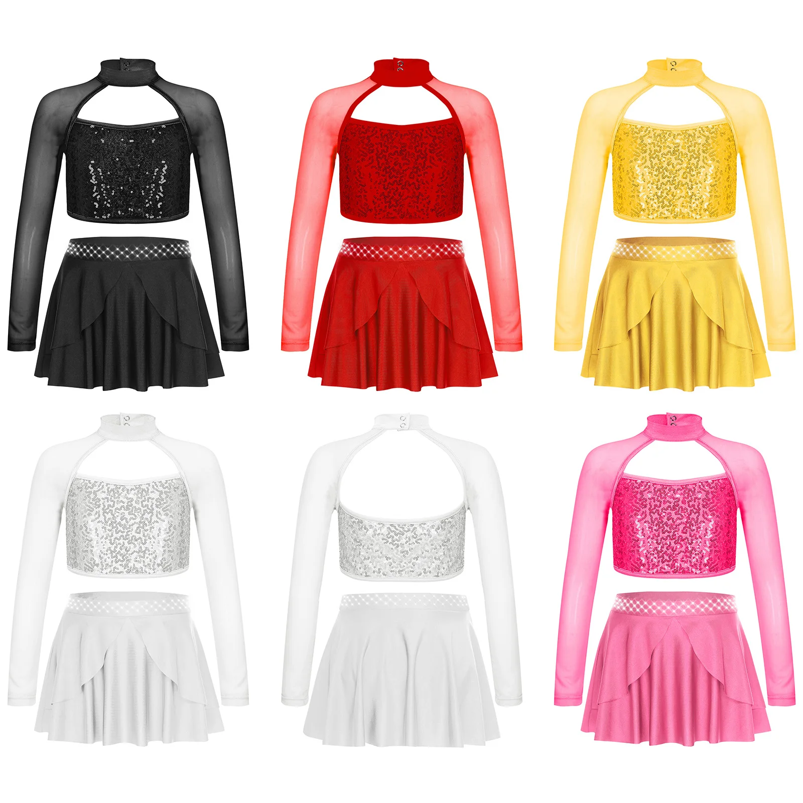 Conjuntos de baile de Ballet para niñas, traje de bailarina de baile de Jazz latino, Top corto de lentejuelas de manga larga, falda con dobladillo Irregular y diamantes de imitación - imagen 2