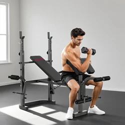 SPORTNOW Banco de Musculación Multifuncional Inclinable, Banco de Pesas con Soporte para Barra Ajustable, Extensión de Piernas, Curl de Predicador y Mariposa, para Entrenamiento en Casa, Gimnasio