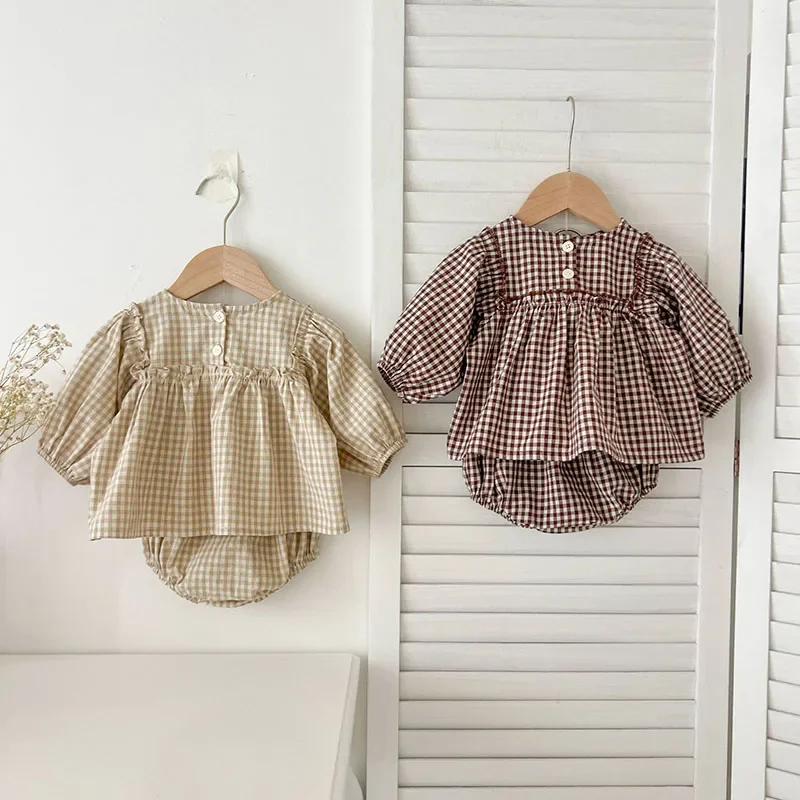 Conjunto de ropa para bebé de 0 a 2 años, blusa holgada a cuadros + Bloomer, traje de 2 uds., camisa y pantalones cortos para muñeca pequeña, primavera y otoño - imagen 3