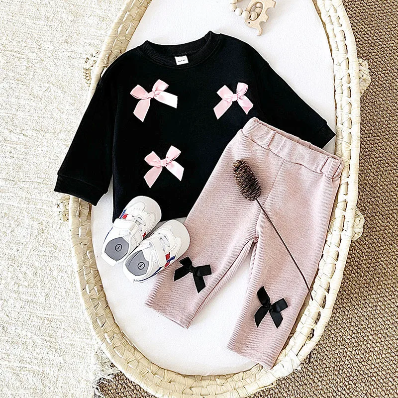 MILANCEL, nuevo conjunto de ropa de bebé de primavera, lindo traje con capucha con lazo de dibujos animados para niñas pequeñas, traje suelto para niños pequeños, 2 uds.