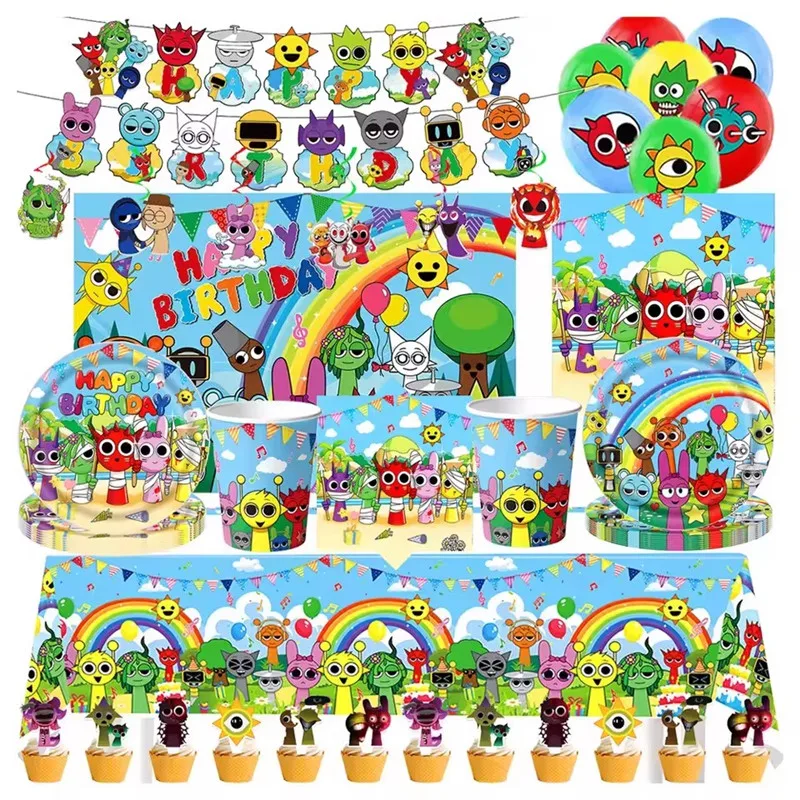 Sprunki decoraciones para fiesta de cumpleaños, suministros de decoración para fiesta de cumpleaños, juego de globos, pancarta, platos, tazas, mantel, regalo para niños - imagen 5