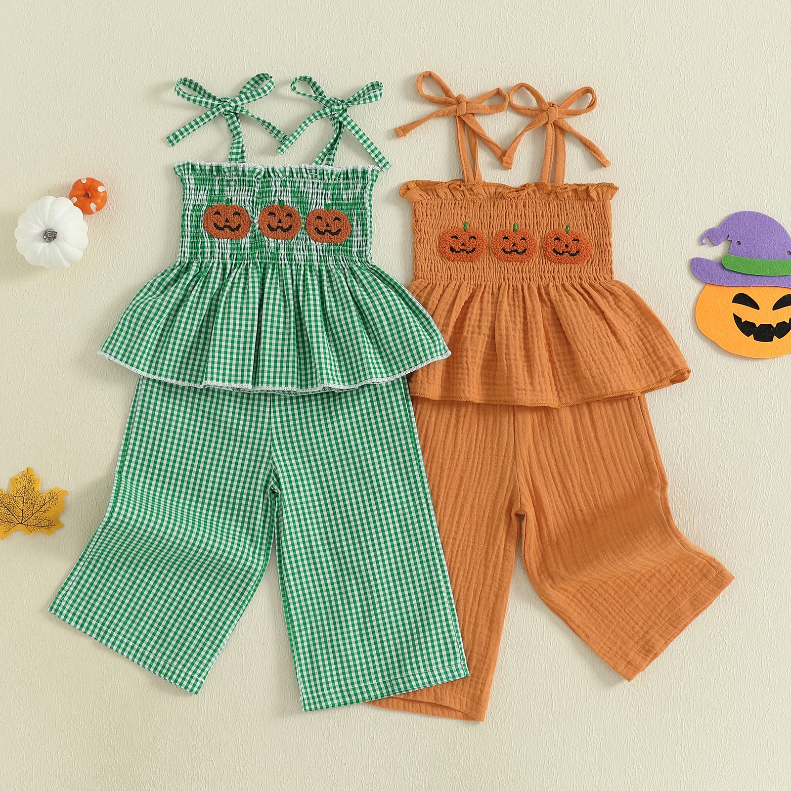 Traje de Halloween para niña pequeña, bordado de calabaza, fruncido, tirantes finos, Tops, pantalones de pierna ancha, conjunto a cuadros - imagen 3