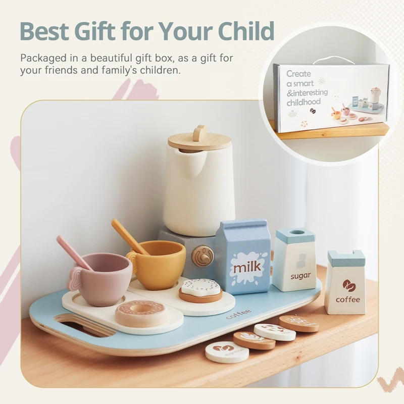 Juego de té de la tarde de café de madera para niños, tetera de cocina de simulación, juego de rol de silicona sin BPA, juguete Montessori temprano, regalo - imagen 2