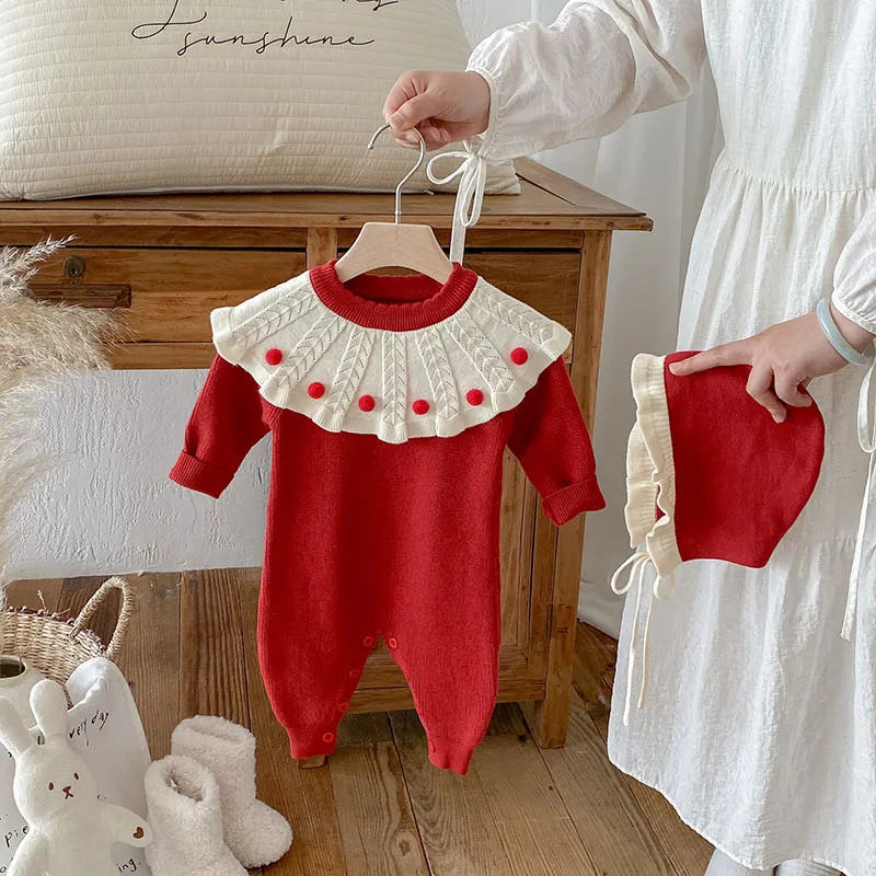 MILANCEL nuevo otoño peleles de punto para bebé 6-24M dulce bolitas bloque de Color mono para niñas pequeñas + sombrero suéter lindo infantil 2 uds - imagen 3