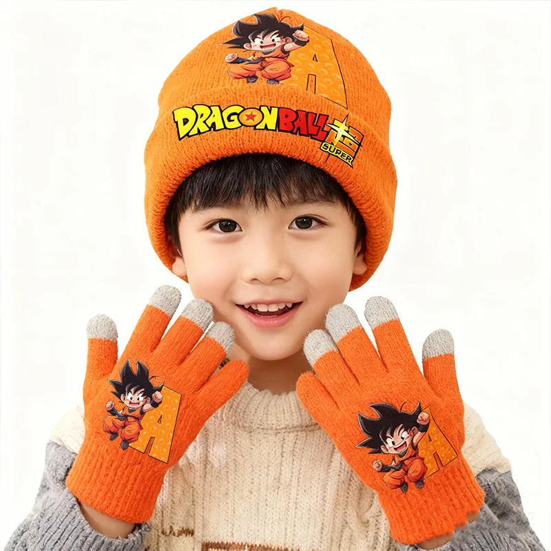 Dragones Ball-gorro tejido para niños, guantes con letras de dibujos animados, gorros cálidos de invierno con pantalla, regalos de cumpleaños para niños, 2 uds. Por juego