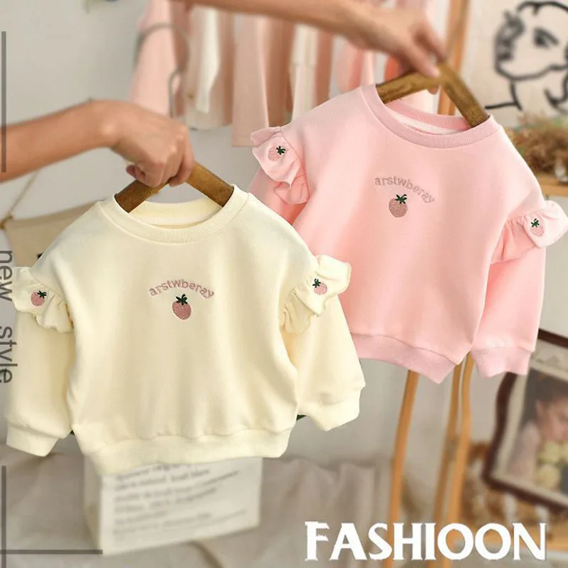 Otoño nueva sudadera con capucha para niños dulce bordado fresa 1-6T niñas pulóver abrigo niños finos mangas completas prendas de vestir Tops ropa - imagen 2