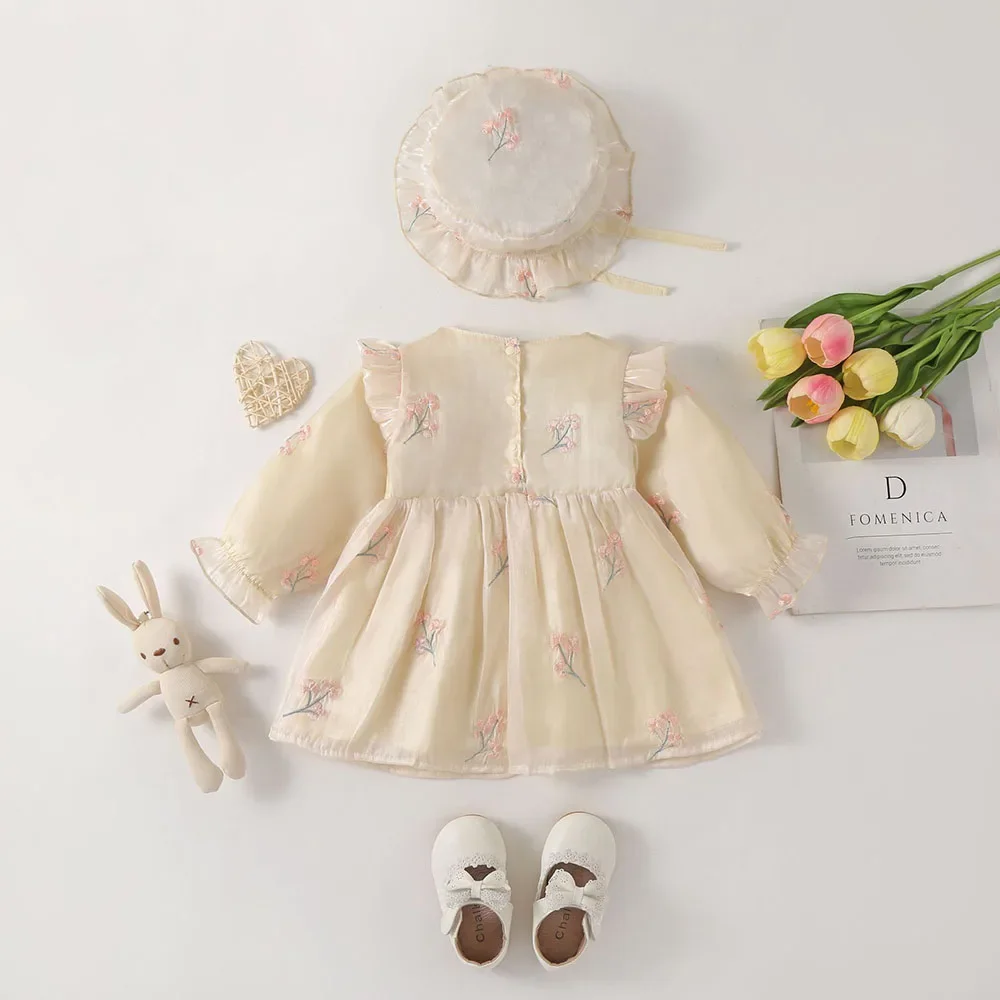 Ropa de otoño para niñas de 0 a 2 años, vestidos de manga larga para bebés, vestidos de princesa de malla, vestido con lazo frontal para niñas con sombrero - imagen 4