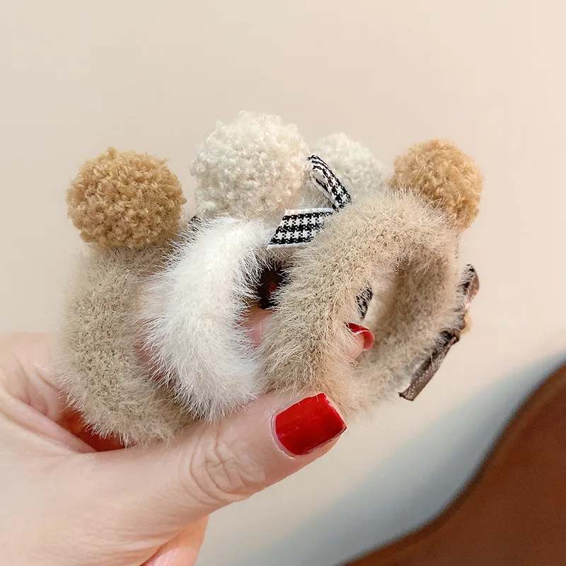 Diademas de Color café con leche, oso de peluche de peluche para niños, bandas de goma, bonito lazo de peluche Kawaii, accesorios para el cabello para niñas pequeñas - imagen 3