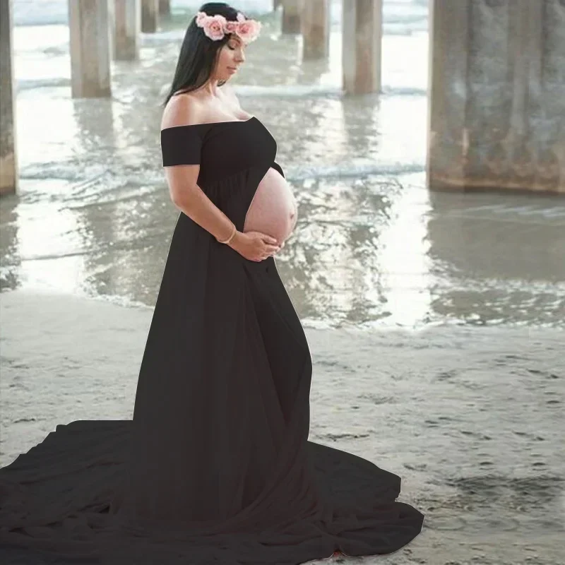 Vestido de embarazo maxi sin hombros liso para sesión fotográfica - imagen 4