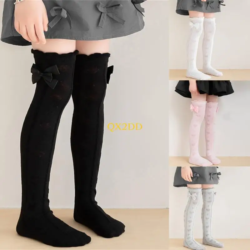 QX2D Calcetines por encima rodilla calcetines algodón para niños, calcetines largos con lazo, calcetines para