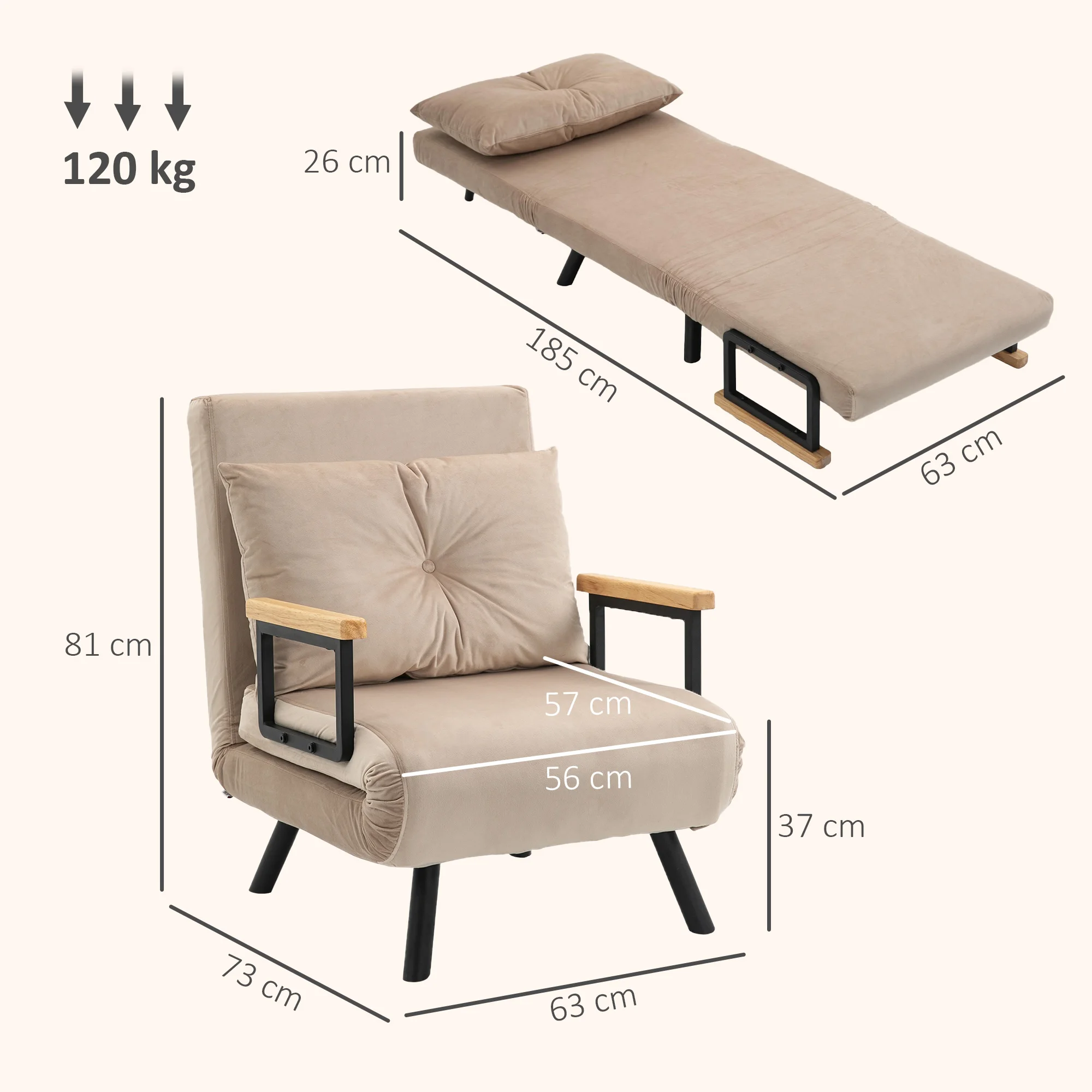HOMCOM Sofá Cama Individual Plegable Silla Cama Convertible 3 en 1 con Respaldo Ajustable de 5 Niveles y Almohada Acolchada para Oficina Dormitorio Salón Carga 120 kg 63x73x81 cm - imagen 3