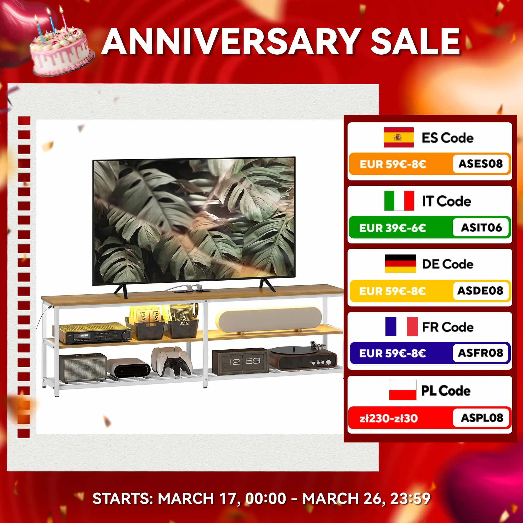 HOMCOM Mueble de TV Industrial Mueble de TV para Salón con Luces LED Control Remoto Extensión para Cargar y 2 Compartimentos Abiertos Mueble para Televisión de 65 Pulgadas 159x29x46,5 cm Natural