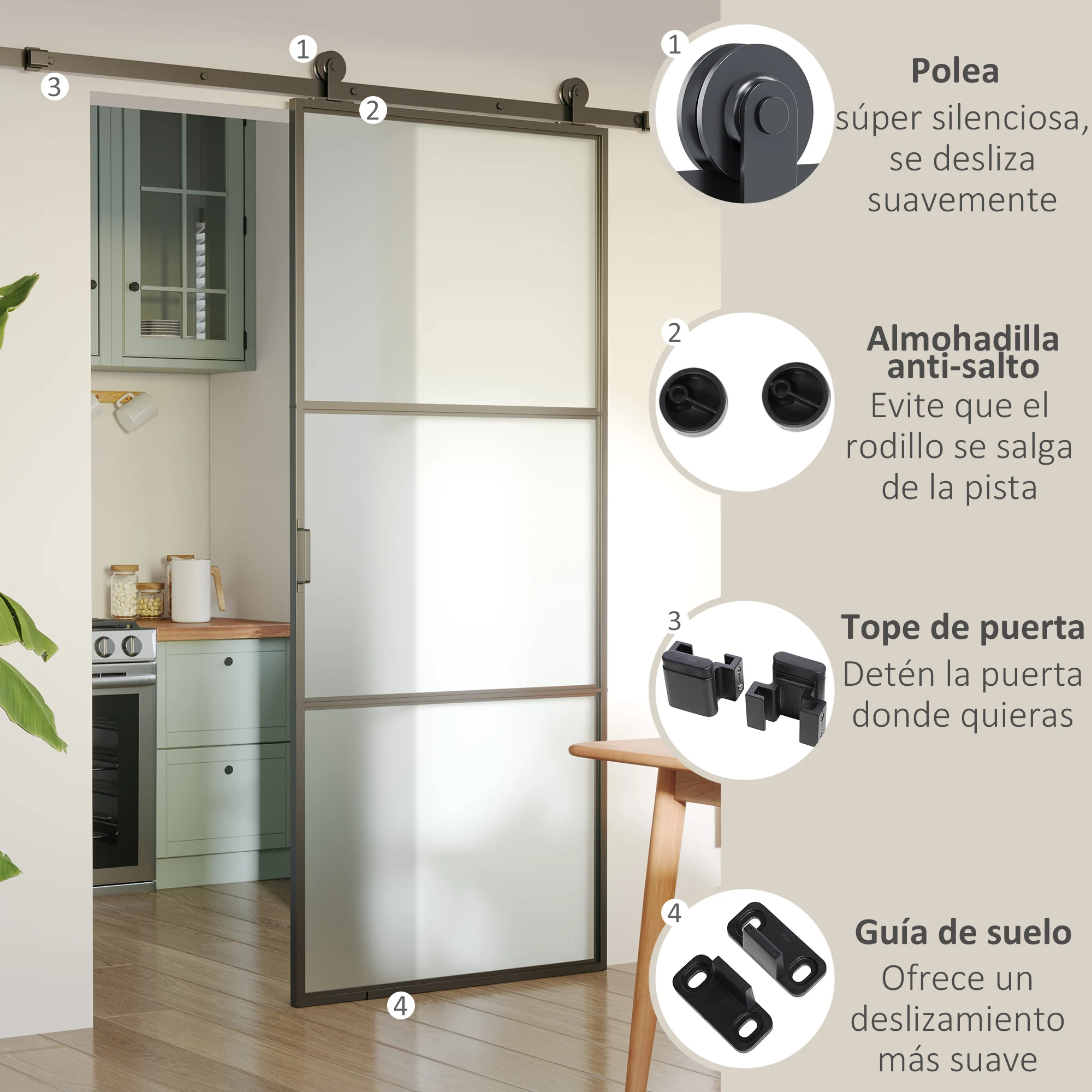 HOMCOM Herraje para Puerta Corredera 200 cm Kit de Accesorios para Puerta Corredera Carga 100 kg con 2 Rieles de Acero al Carbono Guia para Puerta de Granero 200x40x0,6 cm Negro - imagen 4