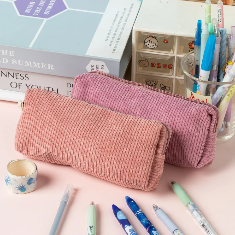 Bolsa de lápices de Color sólido de pana Retro, bolsa de papelería sencilla y literaria, bolsa de almacenamiento para estudiantes de secundaria, caja de papelería, novedad de 2025 - imagen 3