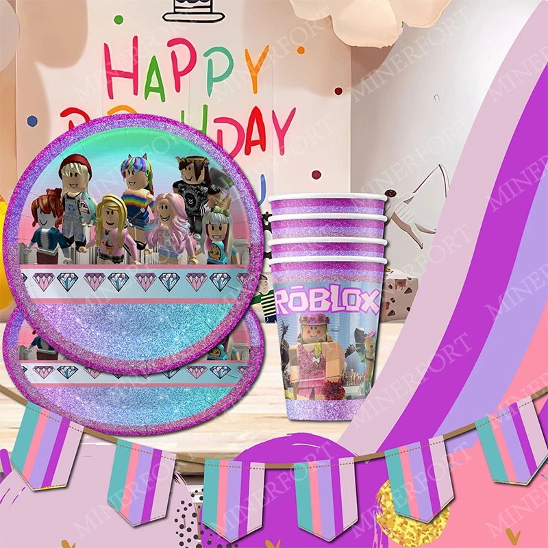Roblox-platos y vasos de papel para niña, combinación de vajilla de dibujos animados, decoraciones para regalo de fiesta de cumpleaños, Baby Shower, color morado y rosa - imagen 4
