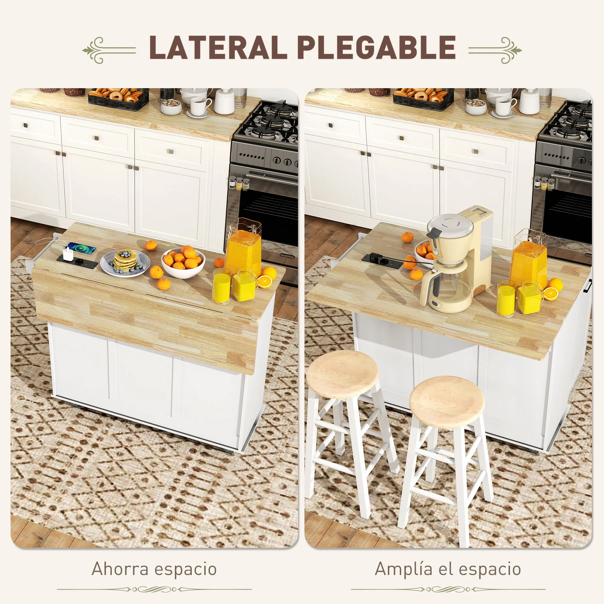 HOMCOM Isla de Cocina con Ruedas Carro de Cocina con Toma de Corriente USB Tablero Plegable 2 Cajones 2 Puertas Estante Ajustable Especiero y Toallero 119,5x74x94,5 cm Blanco - imagen 4