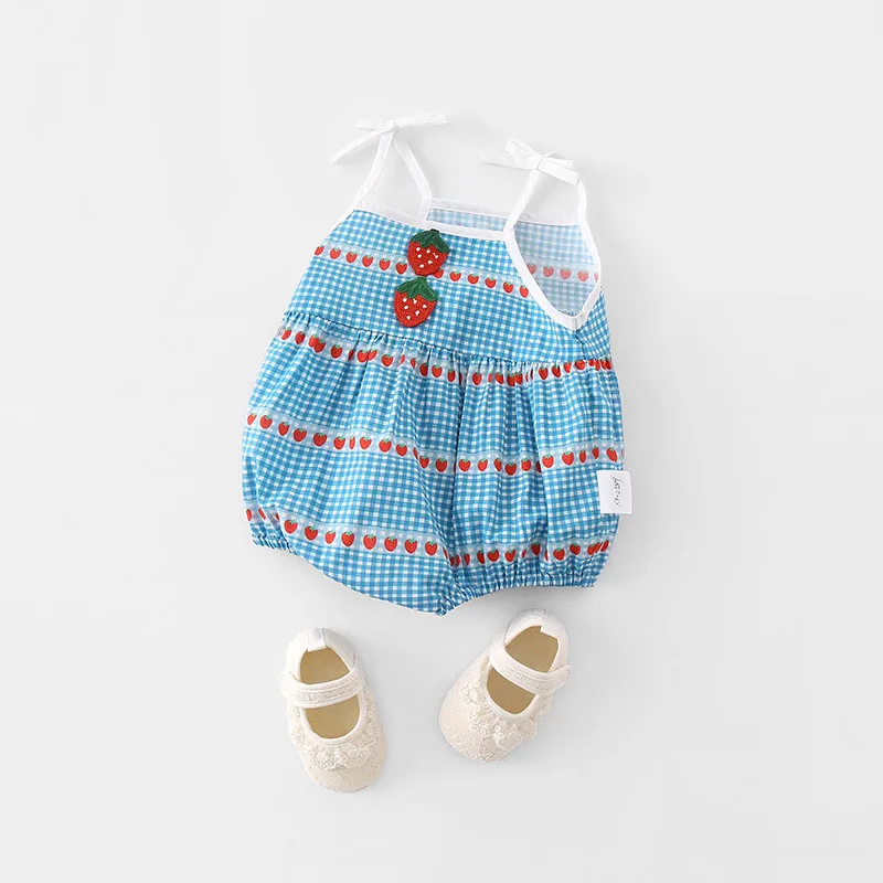 MILANCEL-Body con tirantes para bebé, novedad de verano, mono de una pieza con bordado de fresa a cuadros azules para niña pequeña - imagen 2