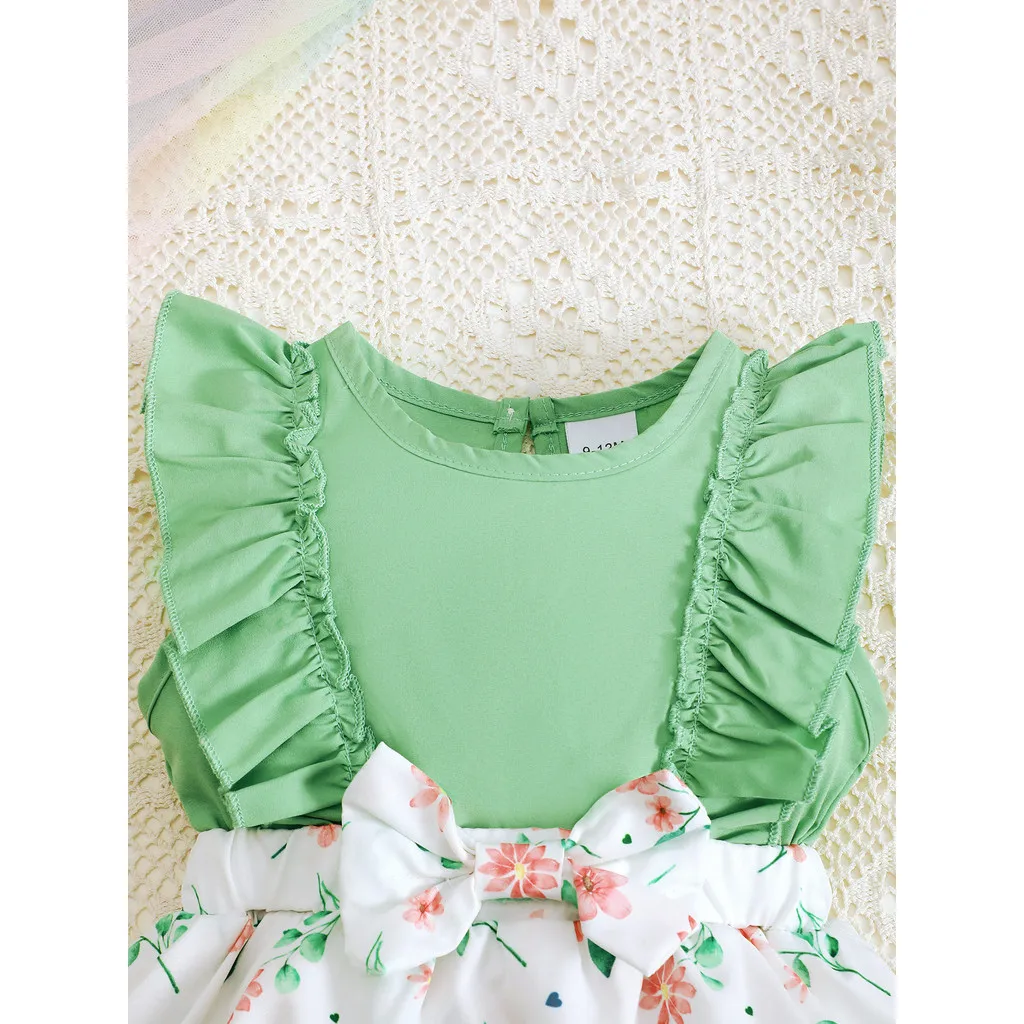 Body + sombreros para niña recién nacida, vestido Floral verde sin mangas con volantes, vestidos bonitos para niña de 1 a 12 meses, 2 uds. - imagen 3