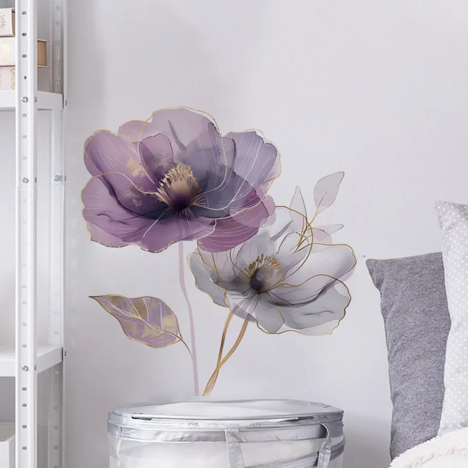 Pegatinas de pared florales extraíbles púrpuras para dormitorio - imagen 5