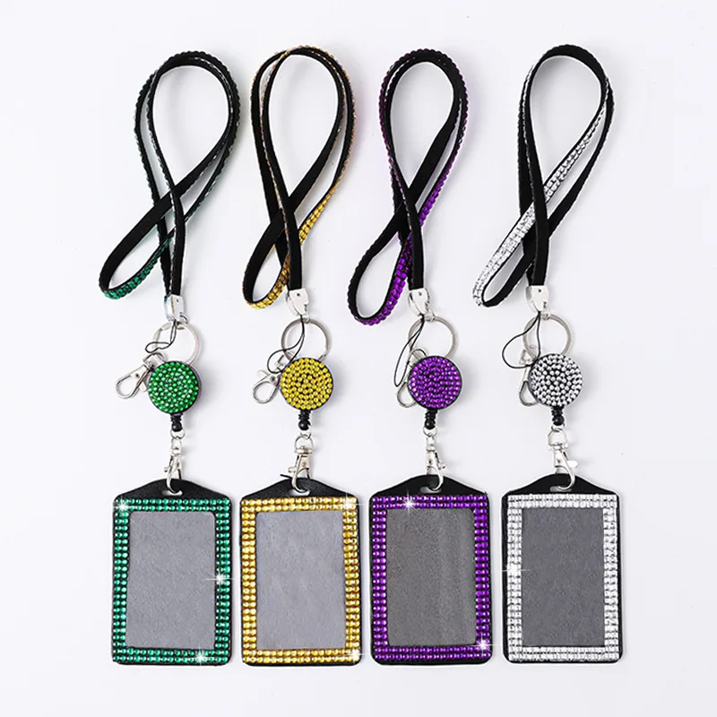 Funda para tarjeta de carrete de insignia, soporte para insignia con diamantes de imitación, cordones retráctiles de cristal, funda para tarjeta de trabajo, funda protectora para insignias de identificación y nombre - imagen 3