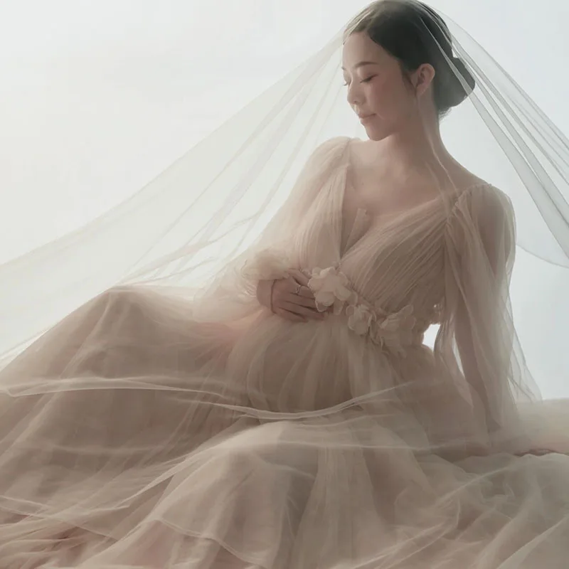 Vestido largo de maternidad floral de tul para mujeres embarazadas sesión de fotografía vestido de maternidad cómodo para sesión de fotos - imagen 4