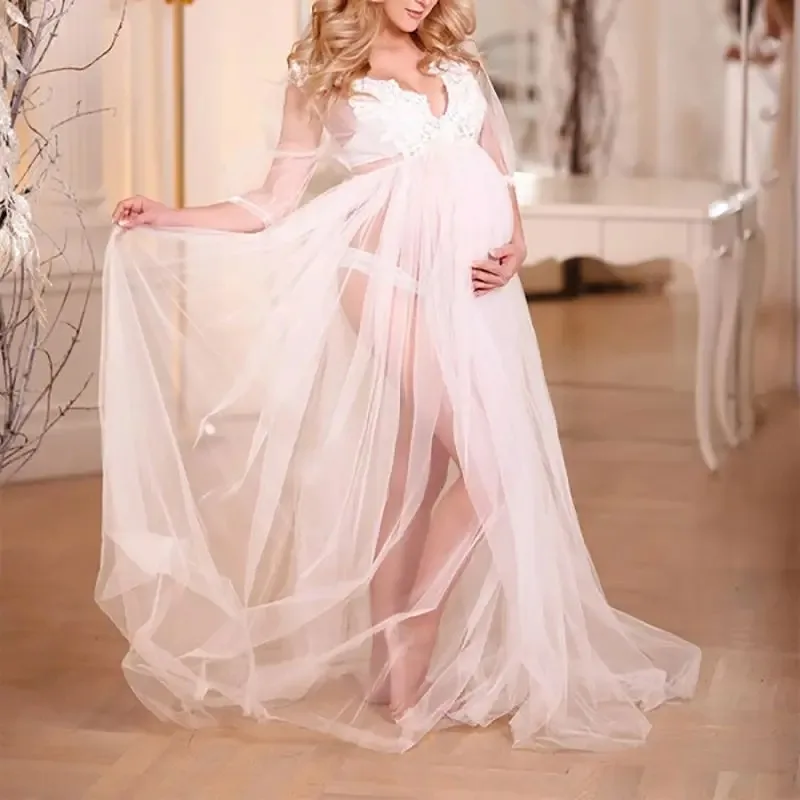 Vestido de maternidad largo tul con cuello en V para fotos premamá - imagen 4