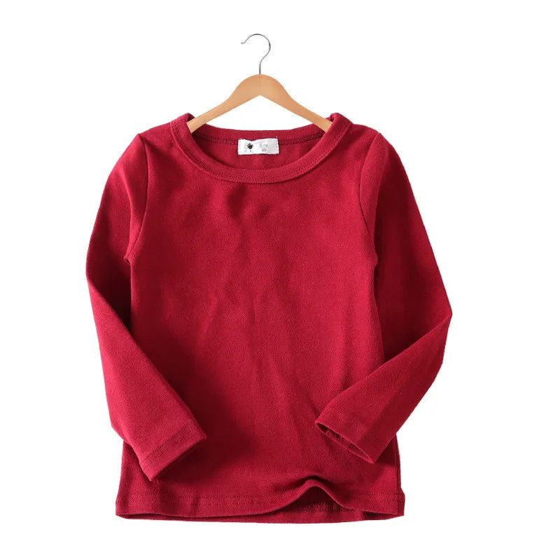 1 Uds., camisetas rojas de otoño e invierno para niños, camisetas cálidas de Color sólido, camisa básica de manga larga con cuello redondo para niños, camisetas para niñas, ropa