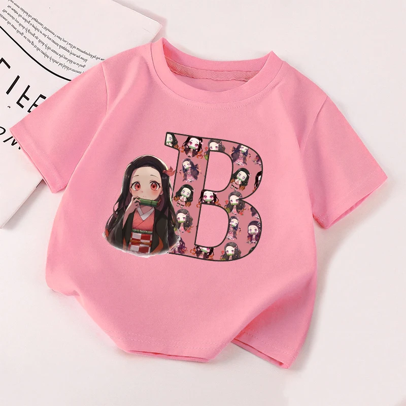 Camiseta Demon Slayer Nezuko para niñas, ropa para niños, Tops con letras A-Z, algodón, manga corta, dibujos animados de verano, regalos de cumpleaños para niños - imagen 2