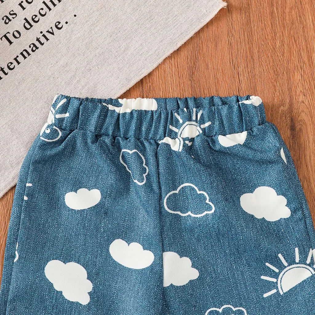 6 To 3 Years Old Girl's White Long Sleeved Top+Blue Cloud Jeans Outfits Cartoon Girl Print Baby Clothes Set Autumn Clothing - imagen 4