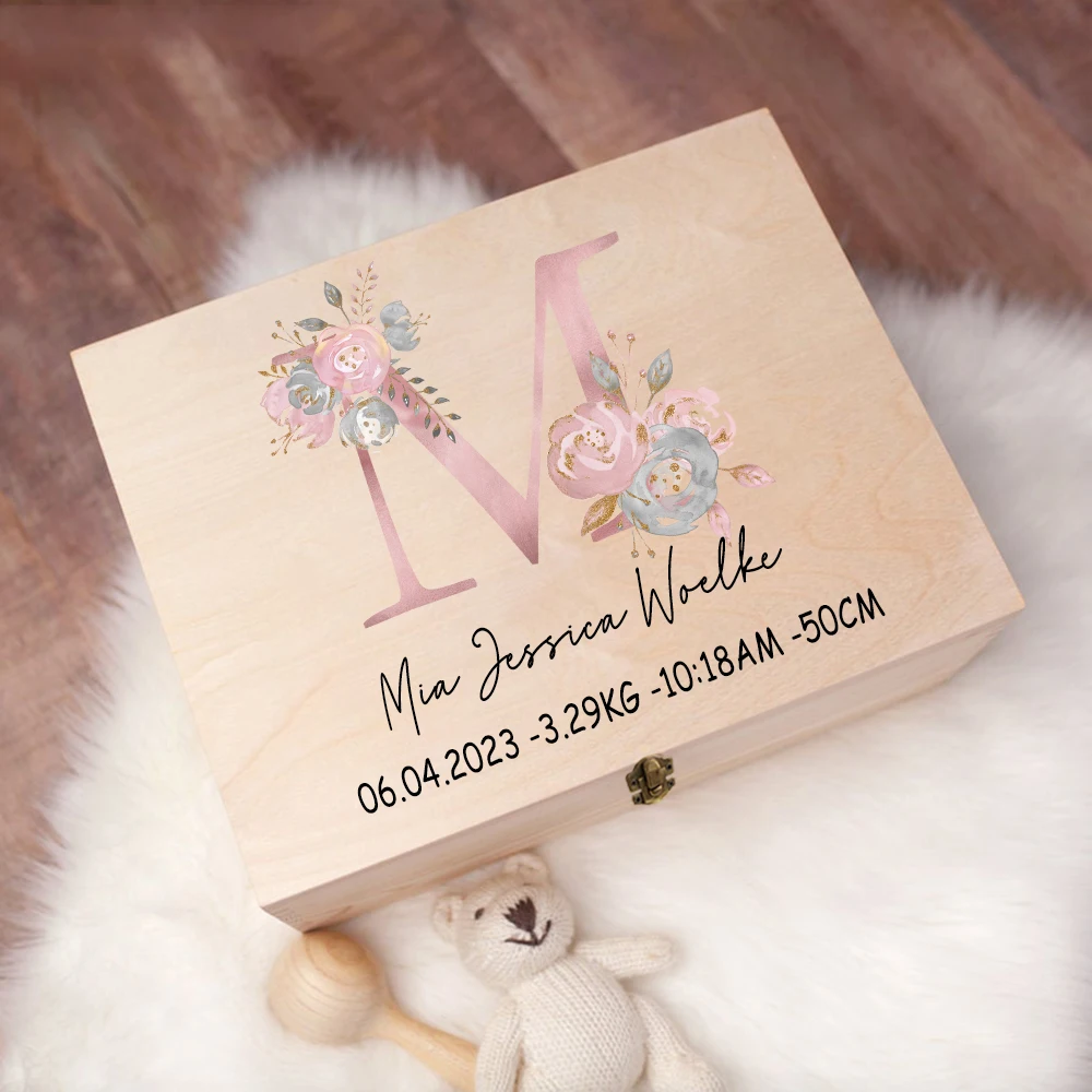 Caja de recuerdos de regalo personalizada para bebé, caja de memoria personalizada con estampado de letras y flores, caja de madera para regalo de ducha para recién nacido, caja de estadísticas de nacimiento para bebé