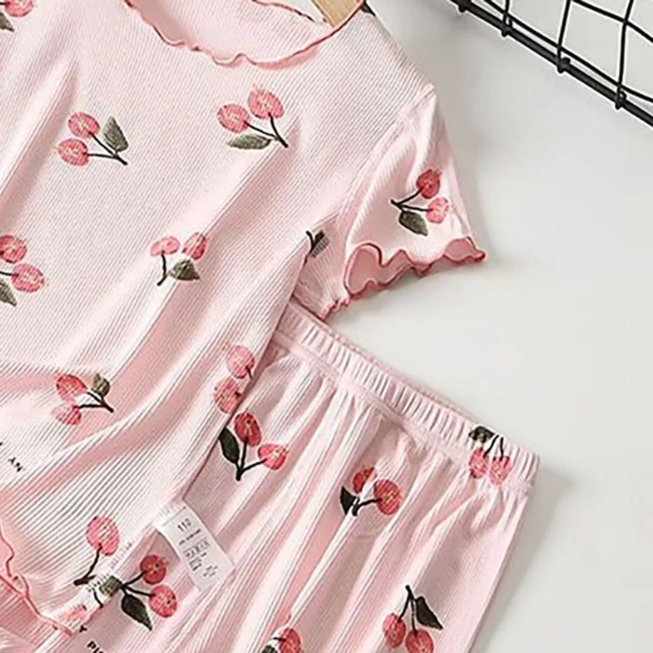 Conjunto de pijama de verano para niñas con estampado de flores de cerezo, pantalones cortos y camiseta elásticos de 4 direcciones, mezcla de Modal transpirable para antes de dormir y jugar de 1 a 8 años - imagen 5